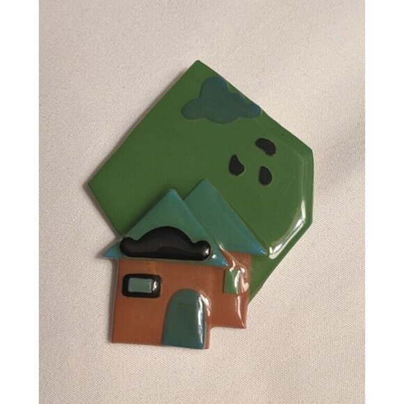 House Pin By Lucinda Mountain House Cabin Green Brown Vintage 2.75" - Picture 1 of 4